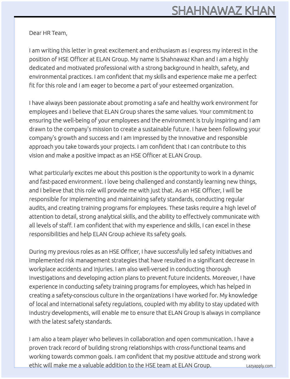 HSE Officer At ELAN Group Cover Letter