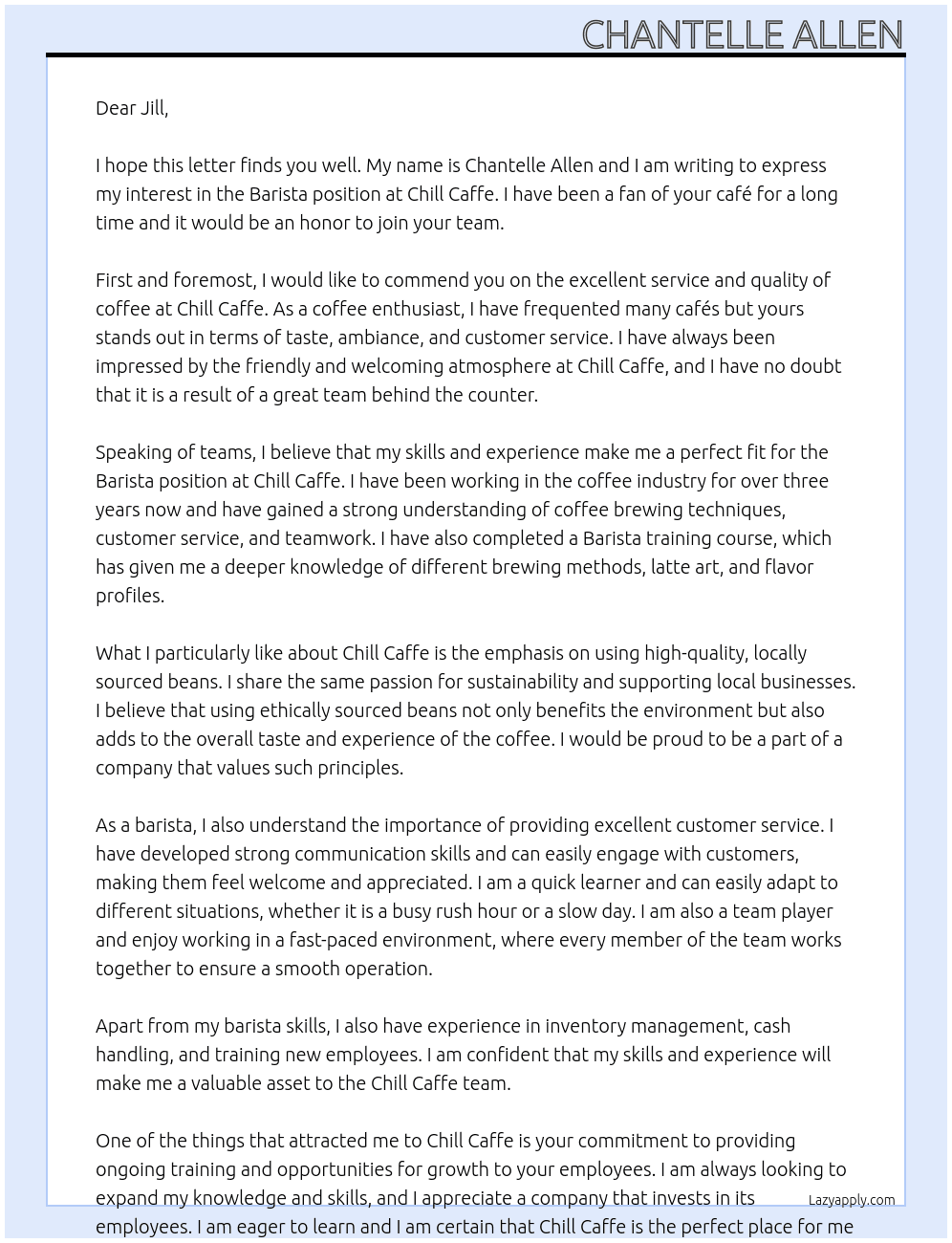 barista  At chill caffe Cover Letter