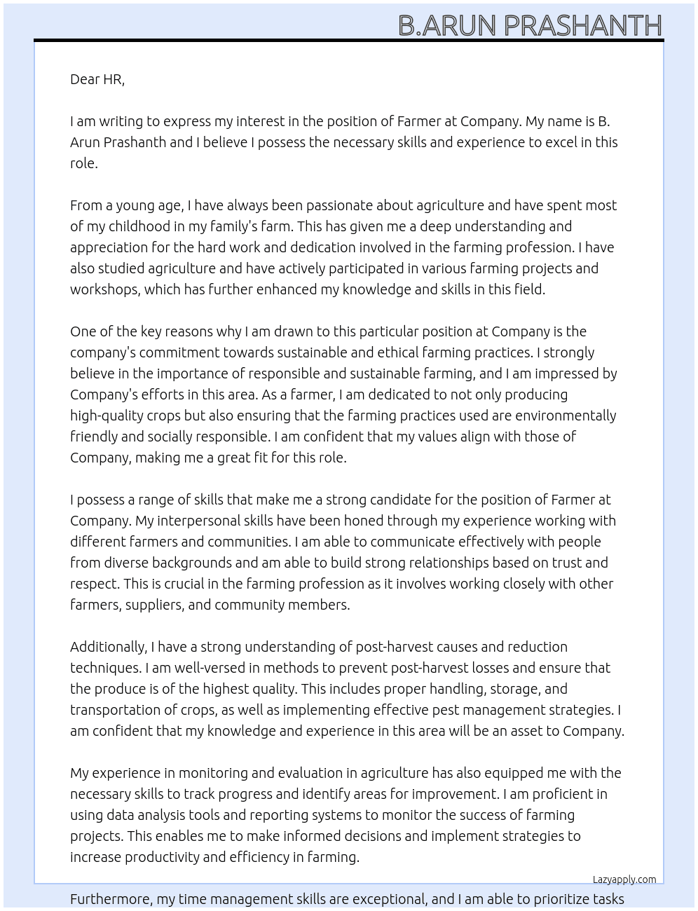Farmer At Company Cover Letter