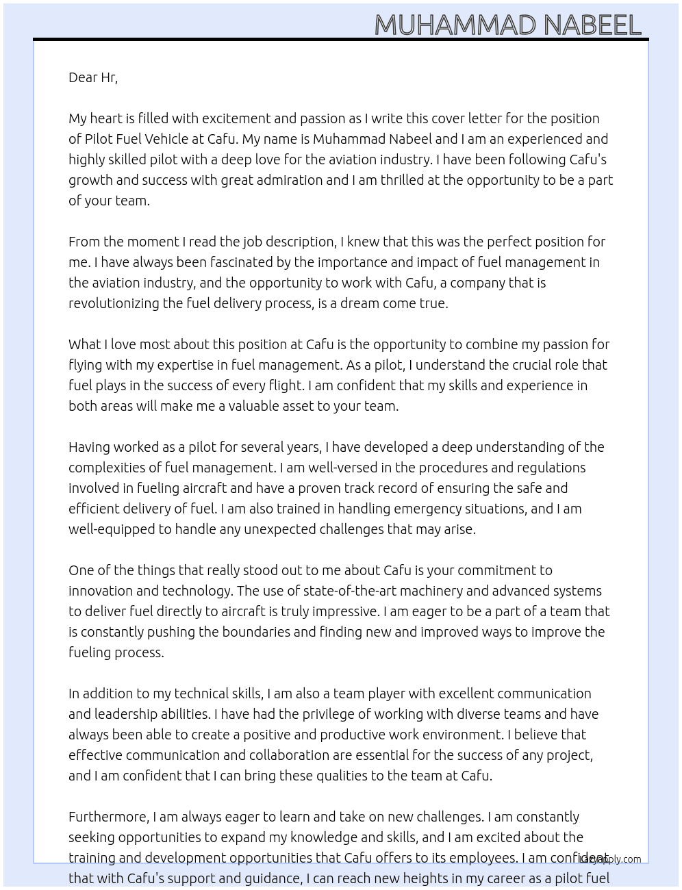 Pilot Fuel vehicle  At Cafu Cover Letter