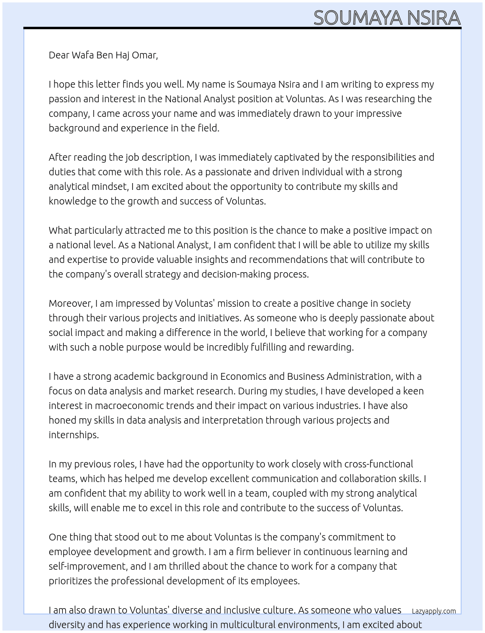 national analyst At voluntas Cover Letter