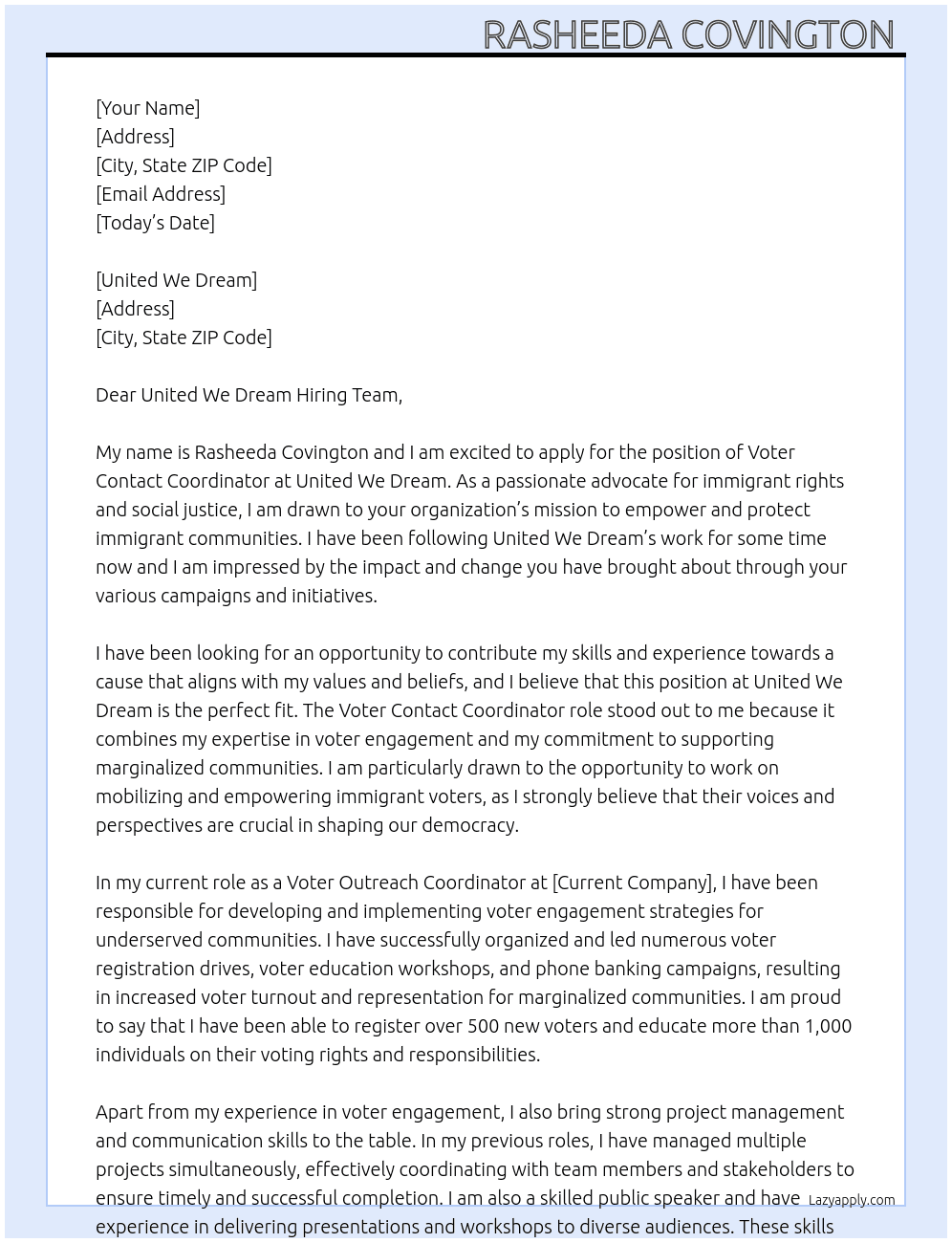 Voter Contact Coordinator At United We Dream  Cover Letter
