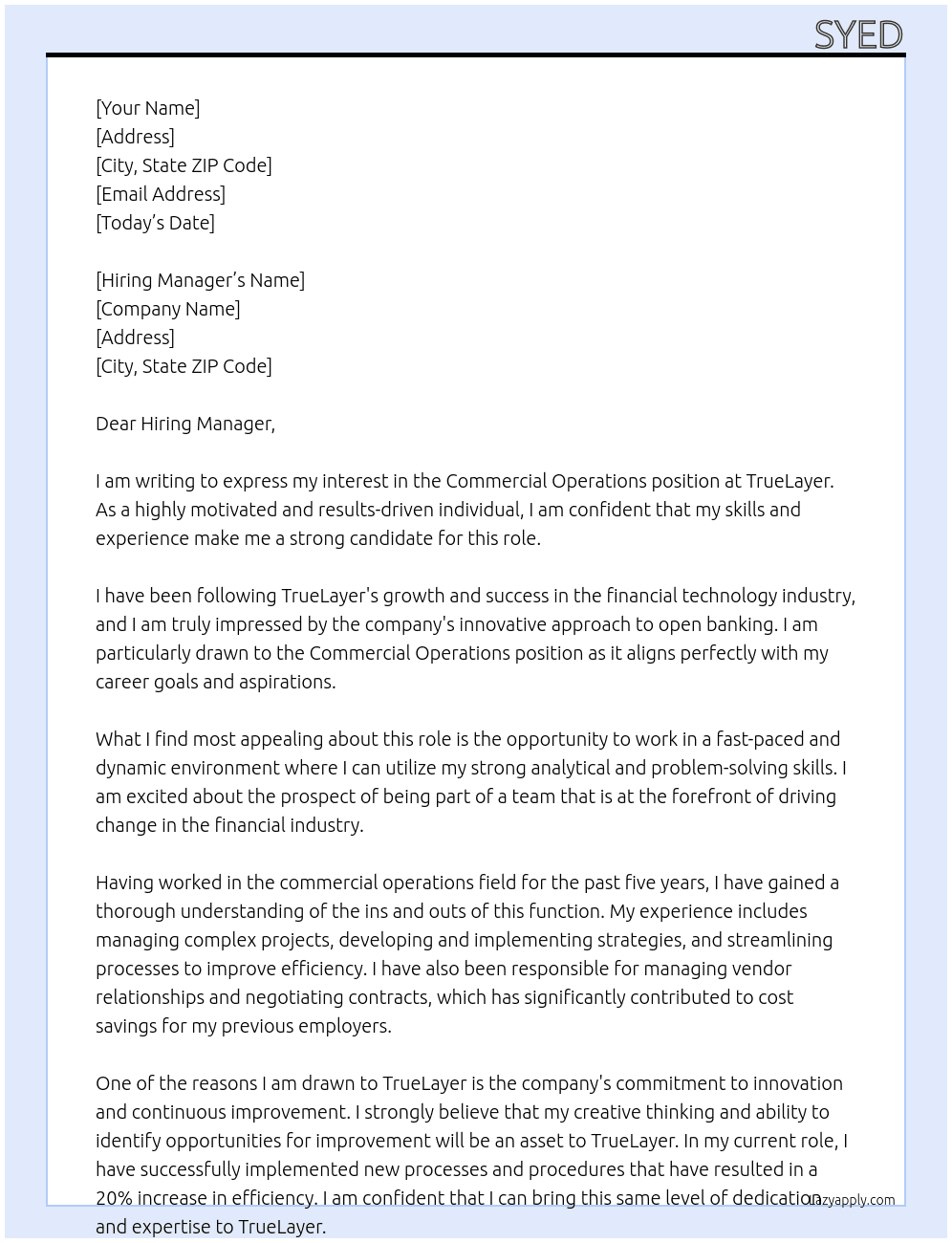 Commercial Operations At TrueLayer Cover Letter