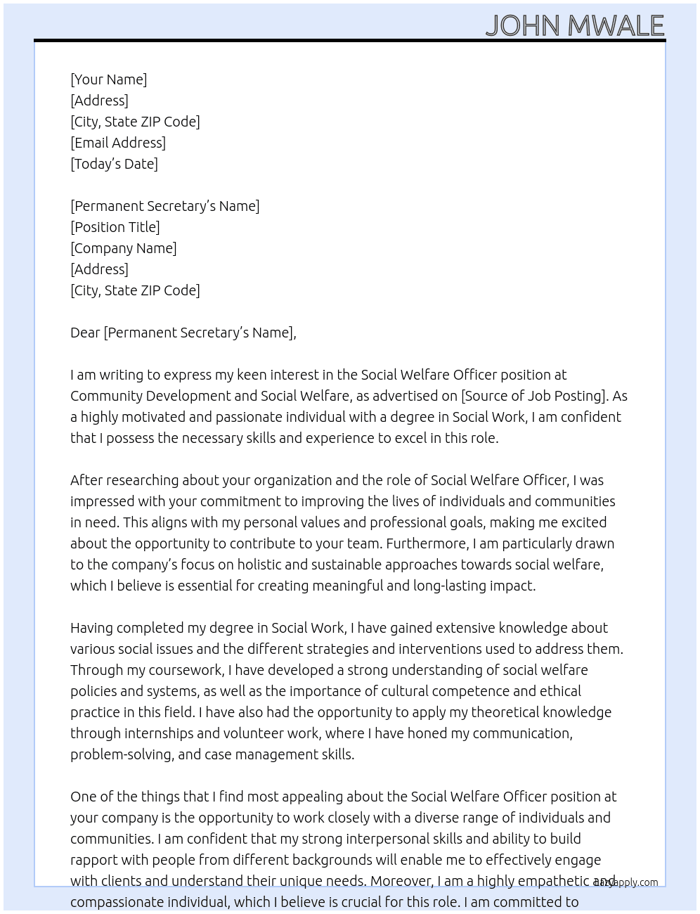 Social welfare officer At Community development and social welfaire Cover Letter