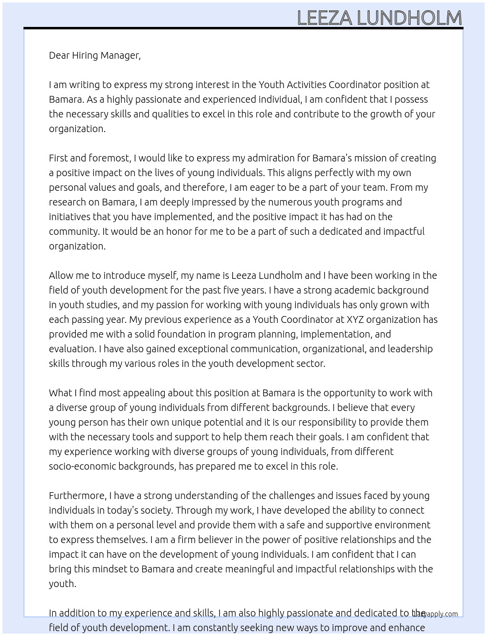 youth activities coordinator At Bamara Cover Letter