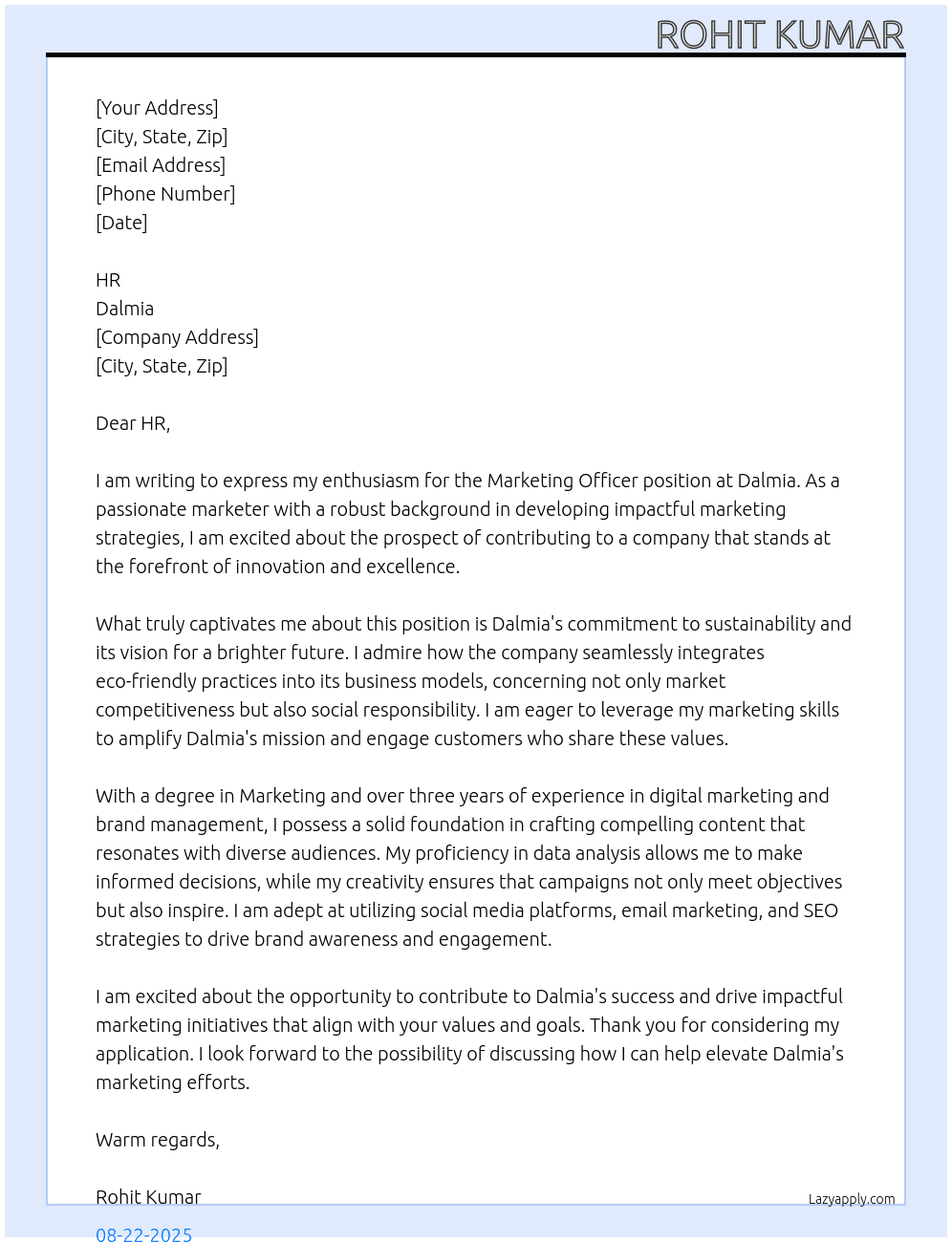 Marketing officer  At Dalmia  Cover Letter