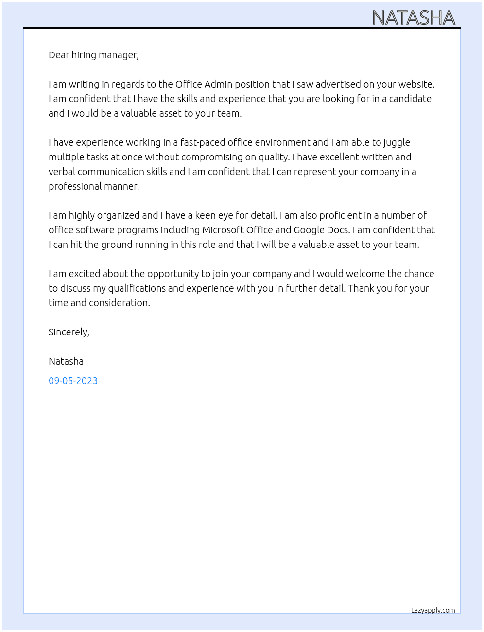 Office admin  At Culdemfaw Cover Letter