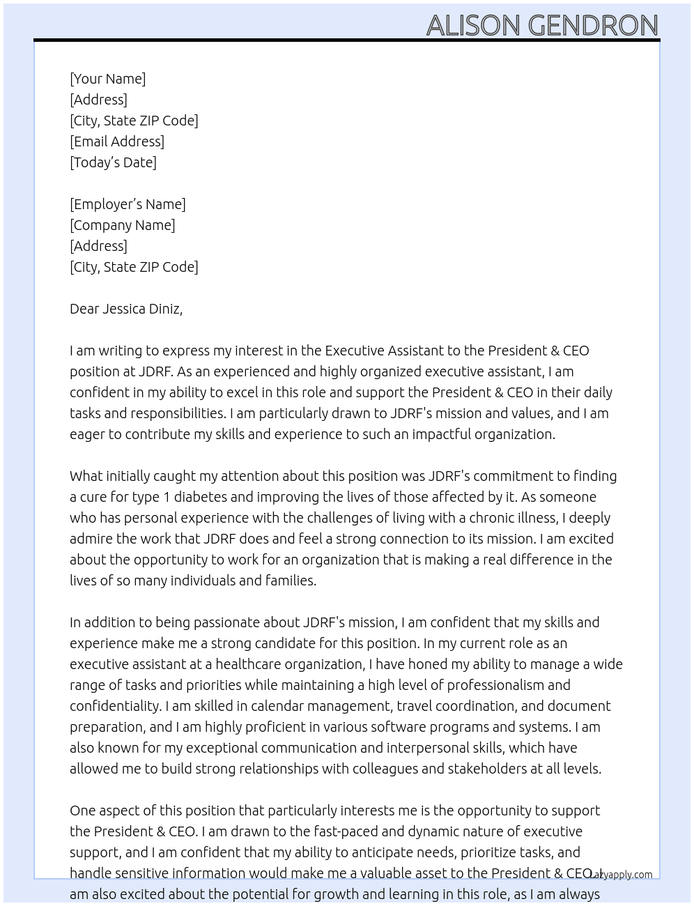 Executive Assistant to the President & CEO At JDRF Cover Letter