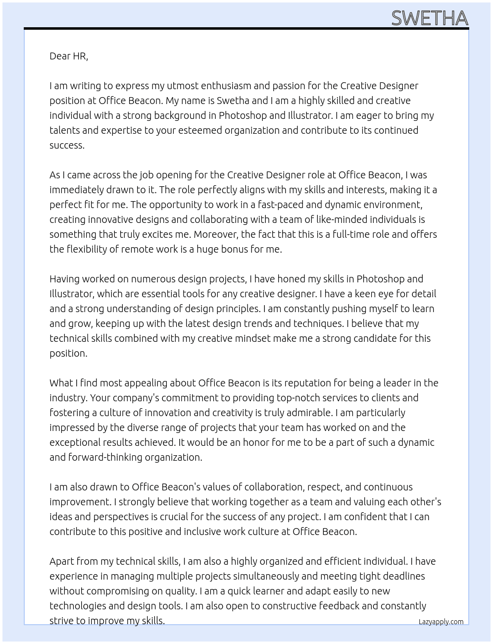 creative designer At Office beacon Cover Letter