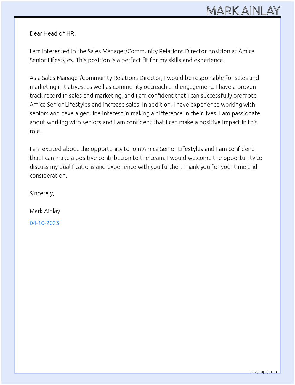 Sales Manager/Community Relations Director At Amica Senior Lifestyles Cover Letter