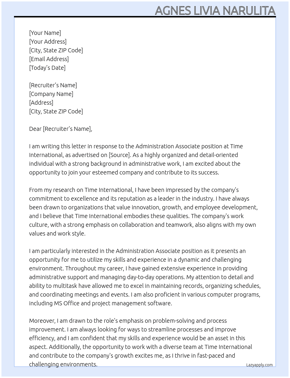Administration Associate At Time International Cover Letter