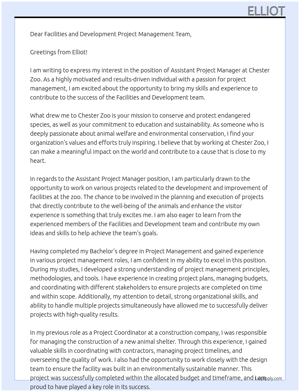 Assistant Project Manager At Chester Zoo Cover Letter