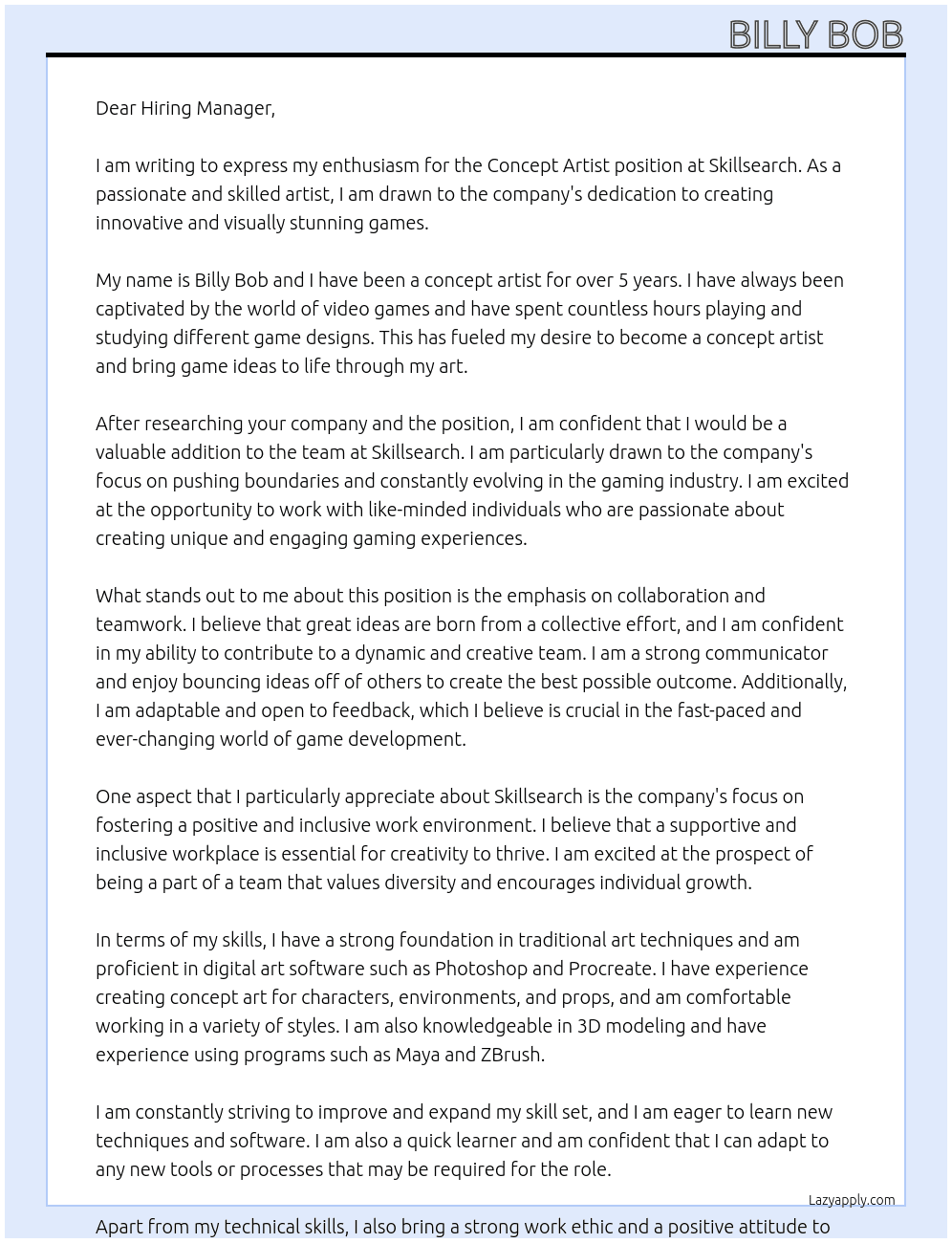 Concept Artist At Skillsearch Cover Letter