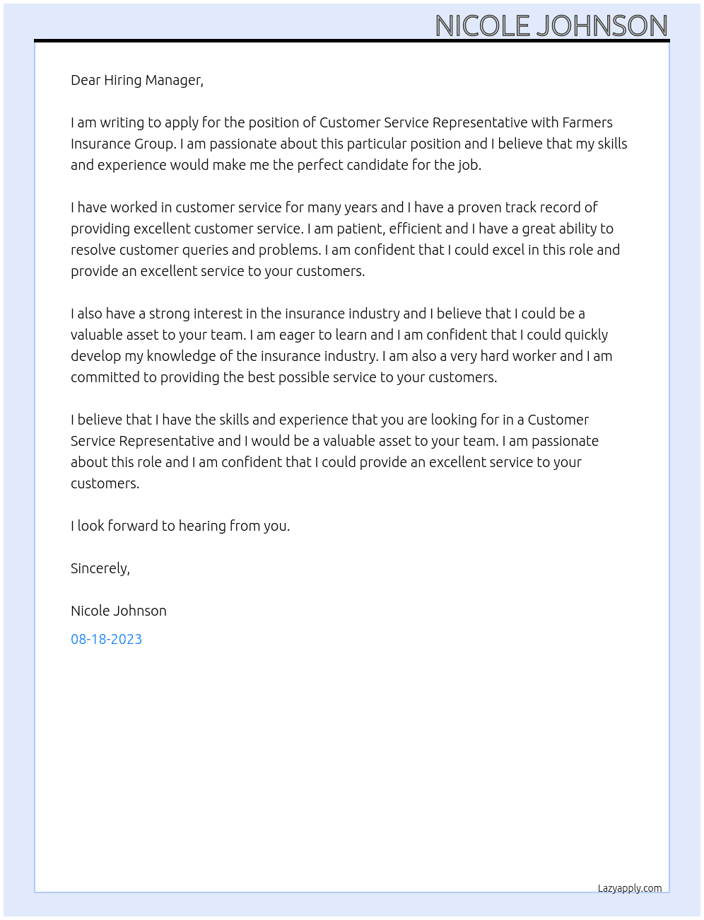 Customer service representative  At Farmers insurance group Cover Letter