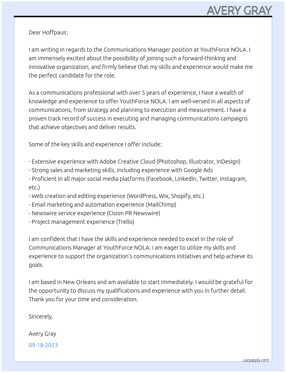 COMMUNICATIONS MANAGER At YouthForce NOLA Cover Letter