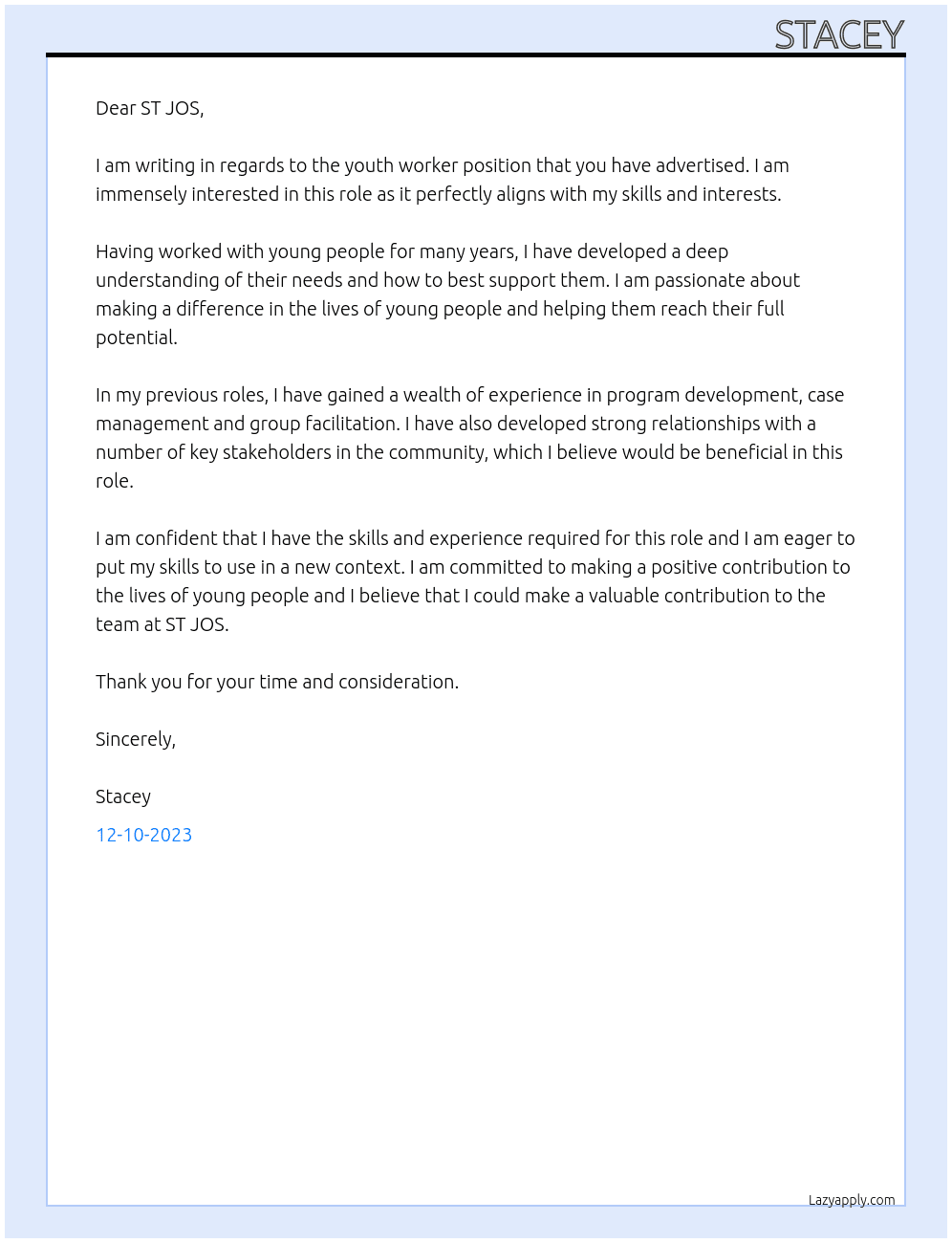 YOUTH WORKER At ST JOS Cover Letter