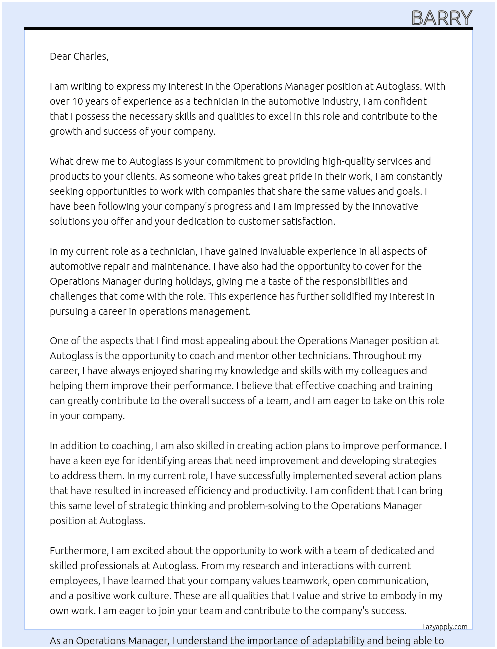 Operations manager  At Autoglass Cover Letter