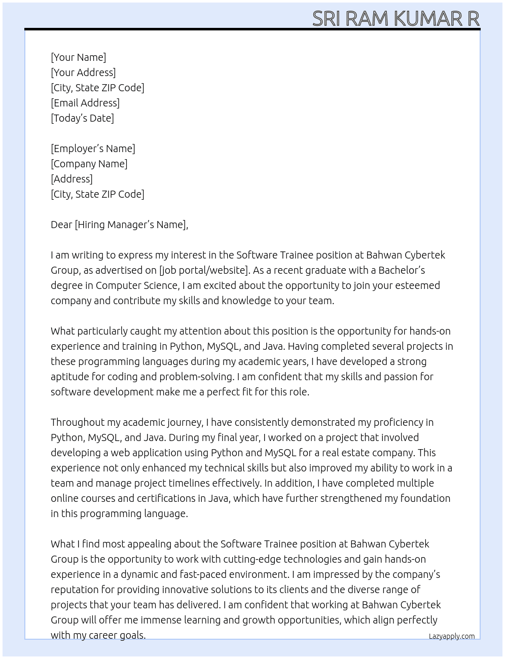 Software trainee At Bahwan Cybertek Group Cover Letter