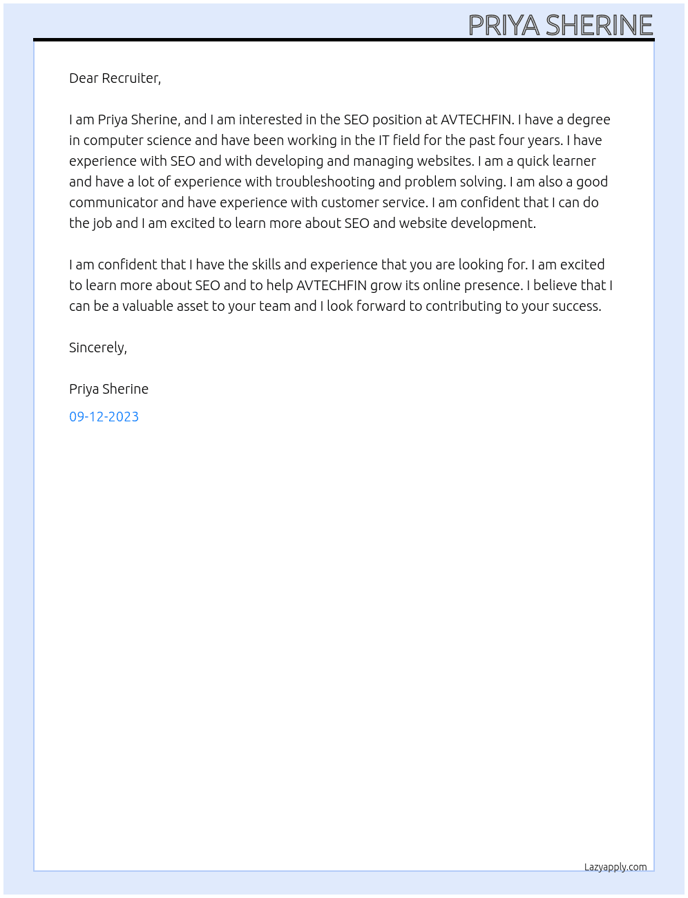 SEO At AVTECHFIN Cover Letter