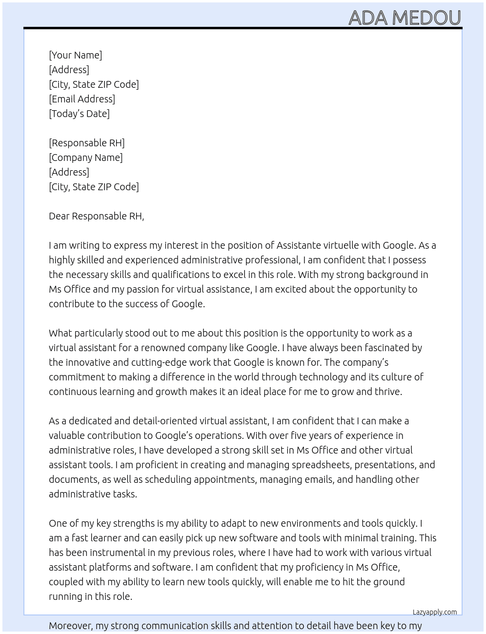 Cover letter for assistante virtuelle - LazyApply