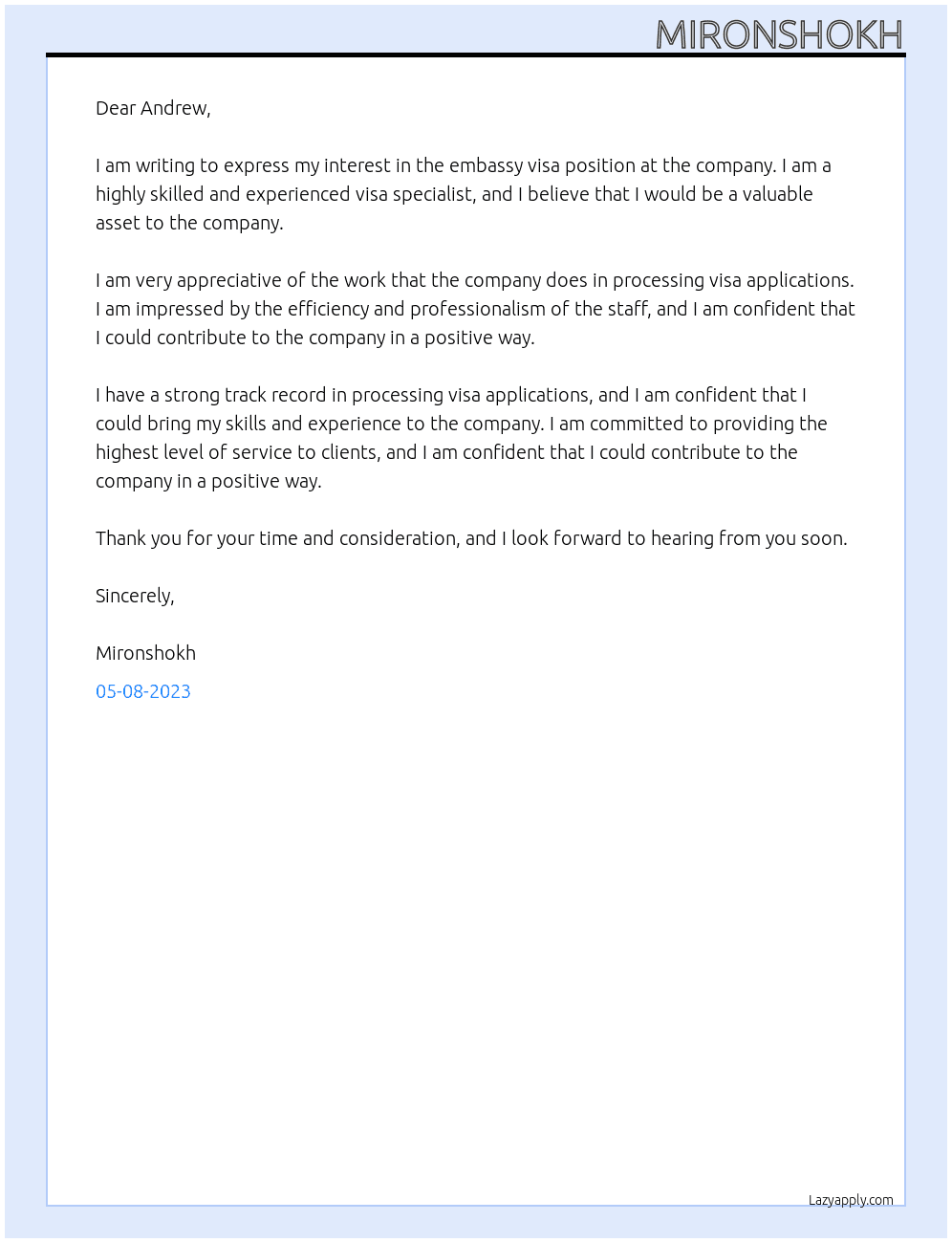embassy visa At for visa approval   Cover Letter