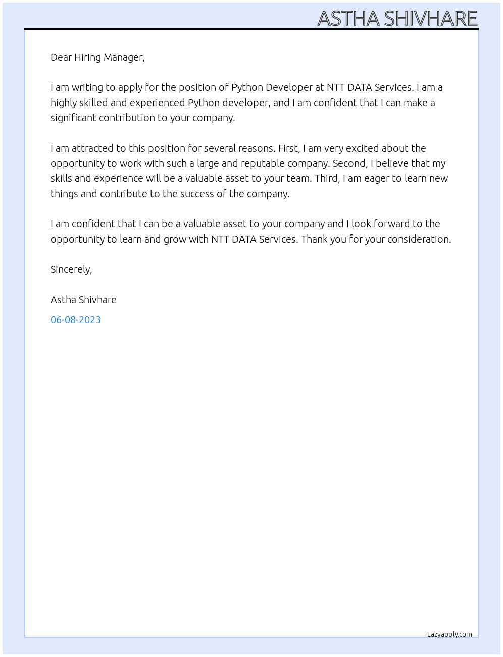 Python Developer At NTT DATA Services  Cover Letter