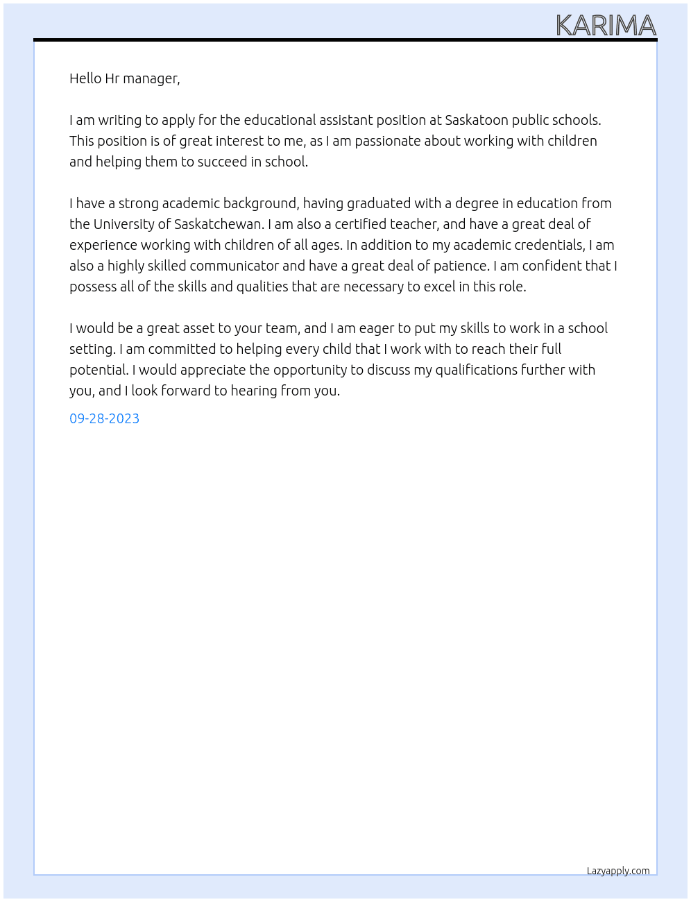 educational assistant At saskatoon public schools Cover Letter