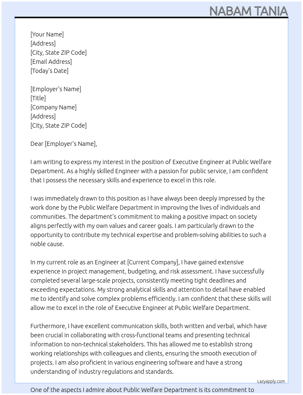 Engineer At Public Welfare Department Cover Letter