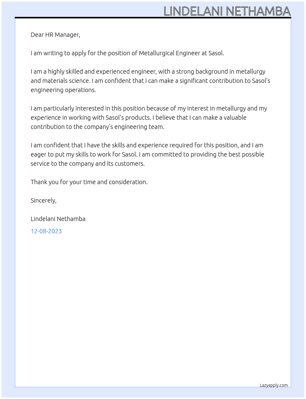 Metallurgical engineer At Sasol Cover Letter