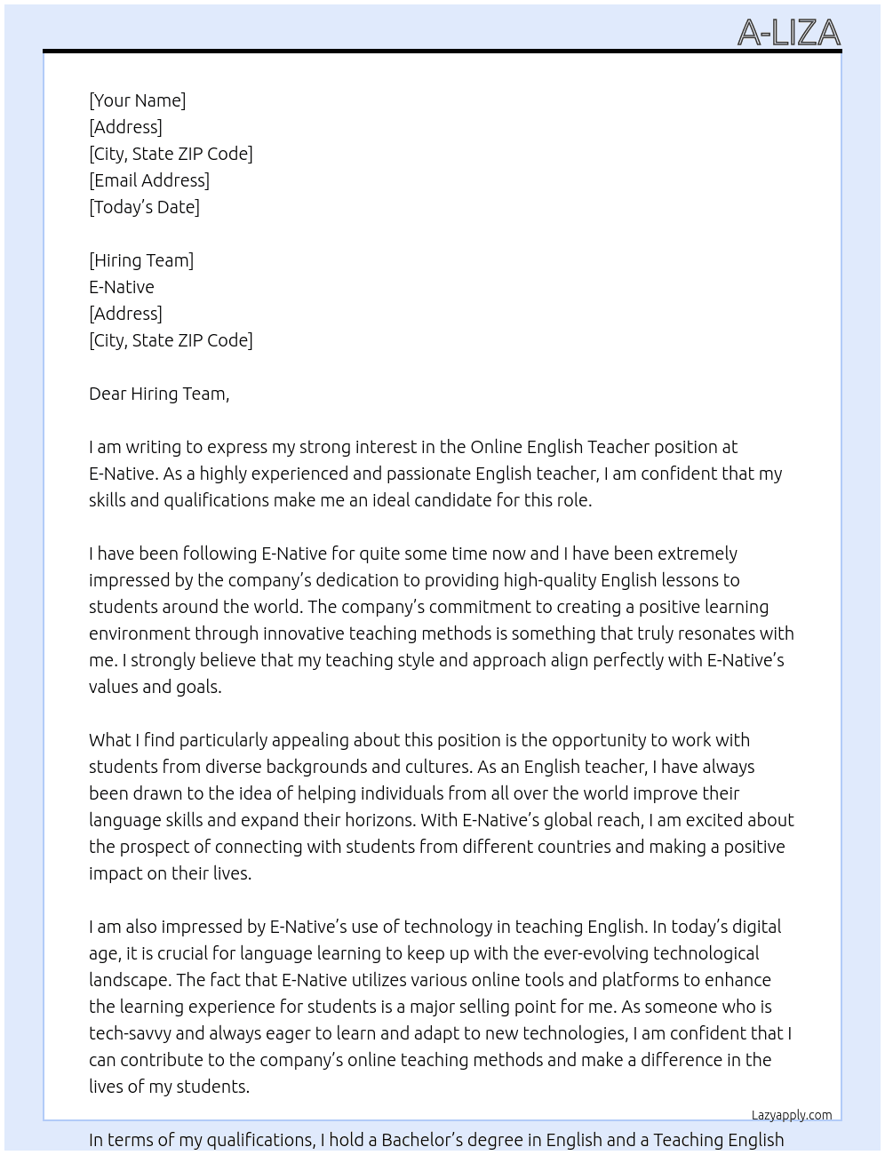 Online English Teacher At E-Native Cover Letter