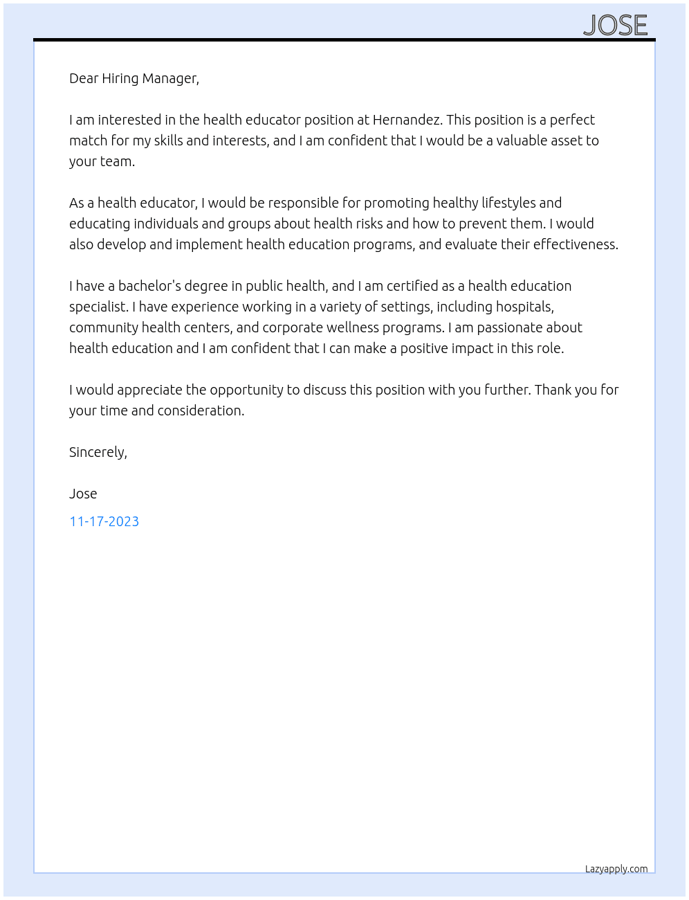health educator  At hernandez  Cover Letter