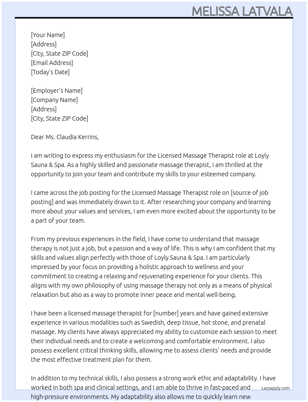Massage Therapist At Loyly Sauna & Spa Cover Letter