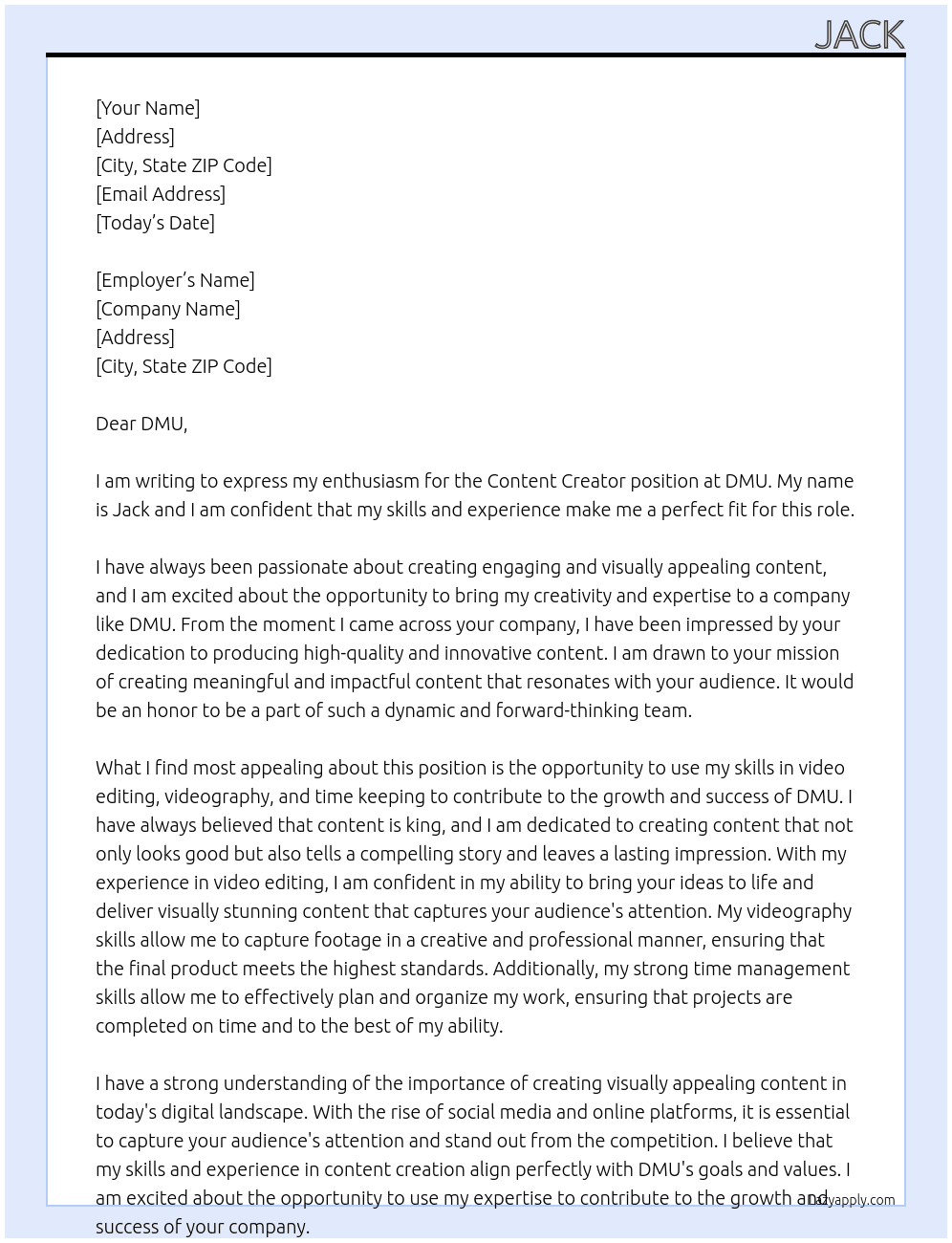 Content Creater At DMU Cover Letter