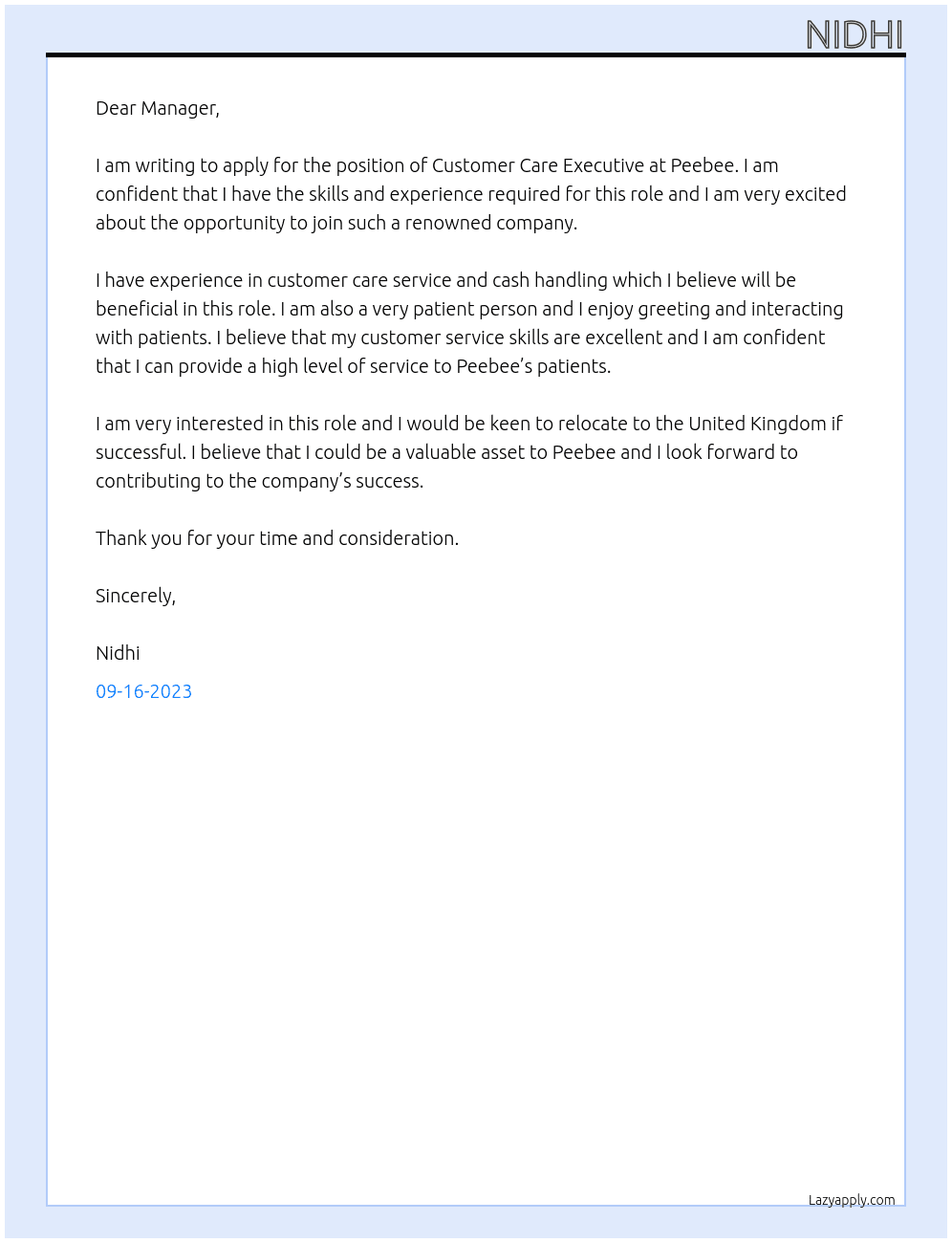 Customer care executive At Peebee Cover Letter