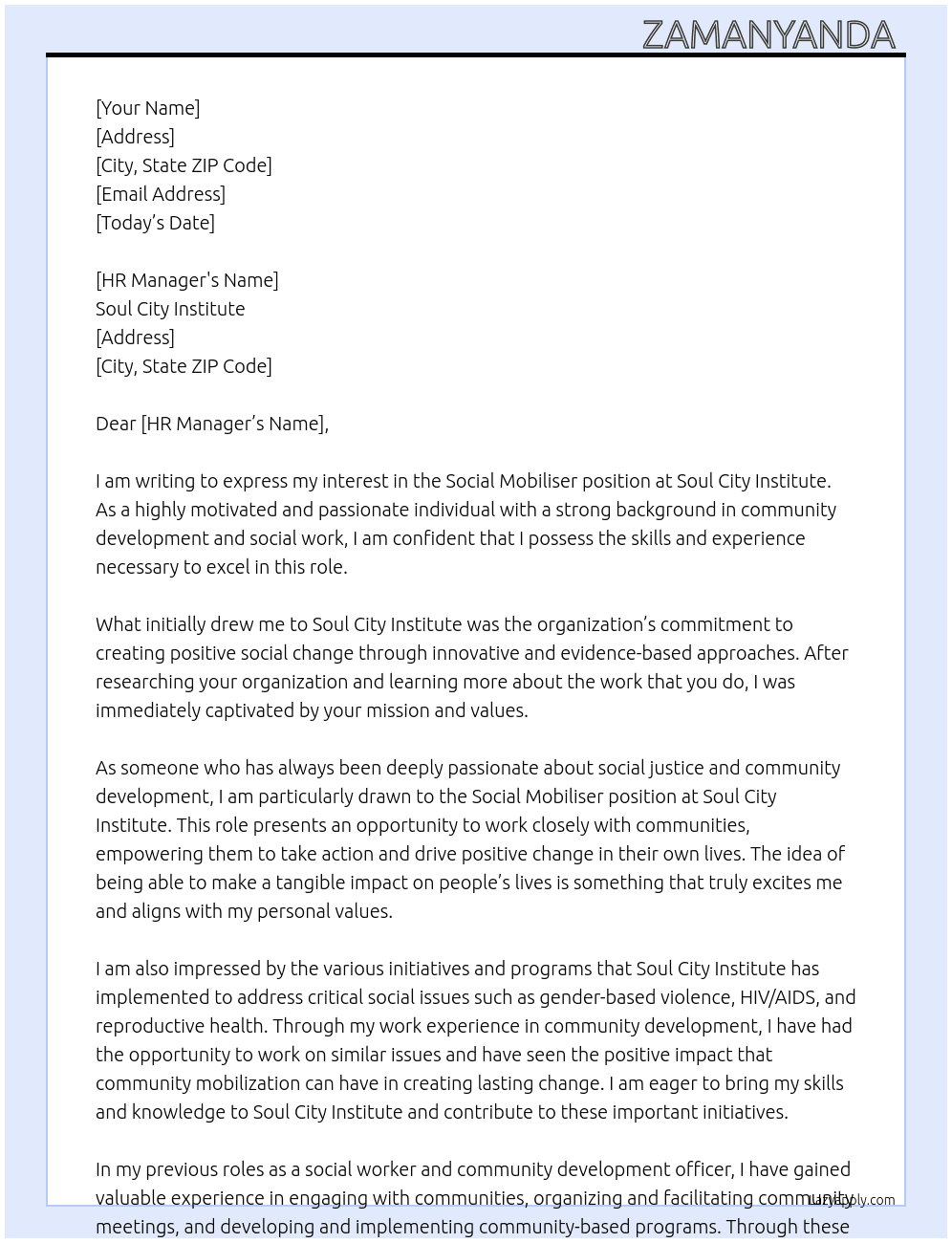 Social mobiliser At Soul city institute  Cover Letter