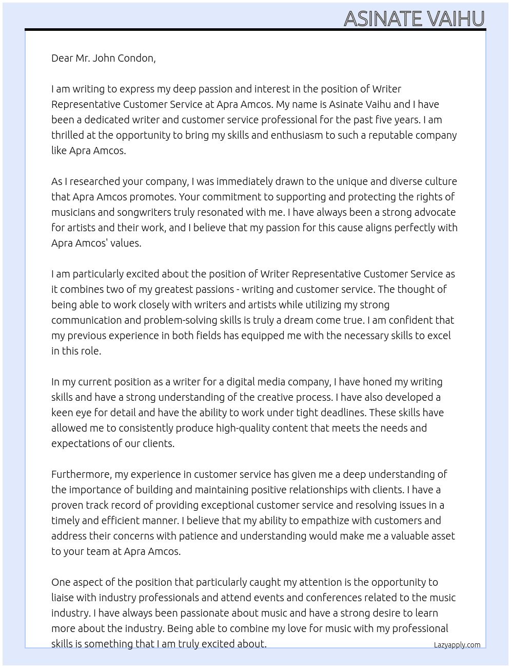 Writer Representative customer service At Apra Amcos Cover Letter