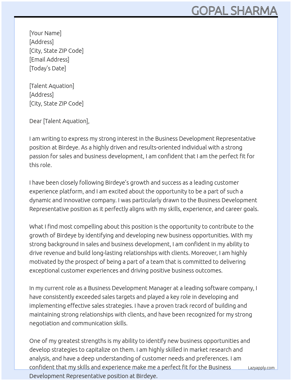 Business Development Representative At Birdeye  Cover Letter