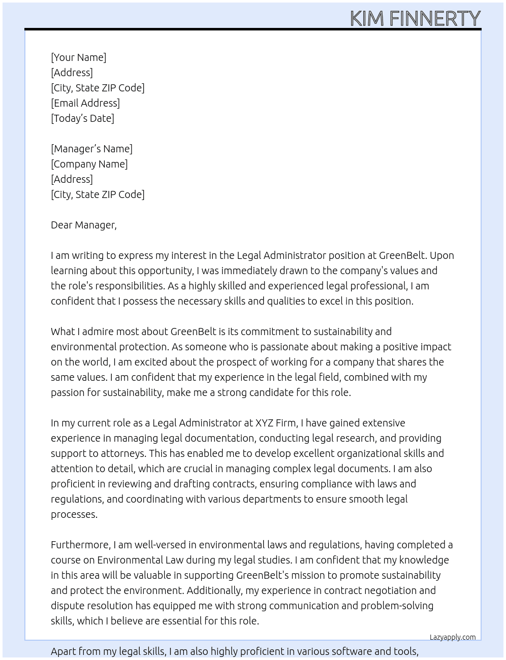 Legal Administrator At GreenBelt Cover Letter