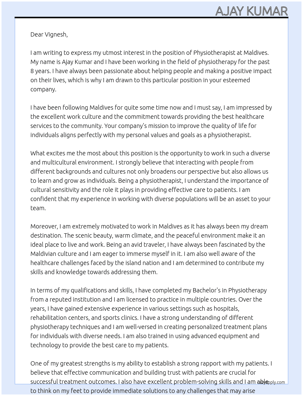 PHYSIOTHERAPIST At MALDIVIES Cover Letter
