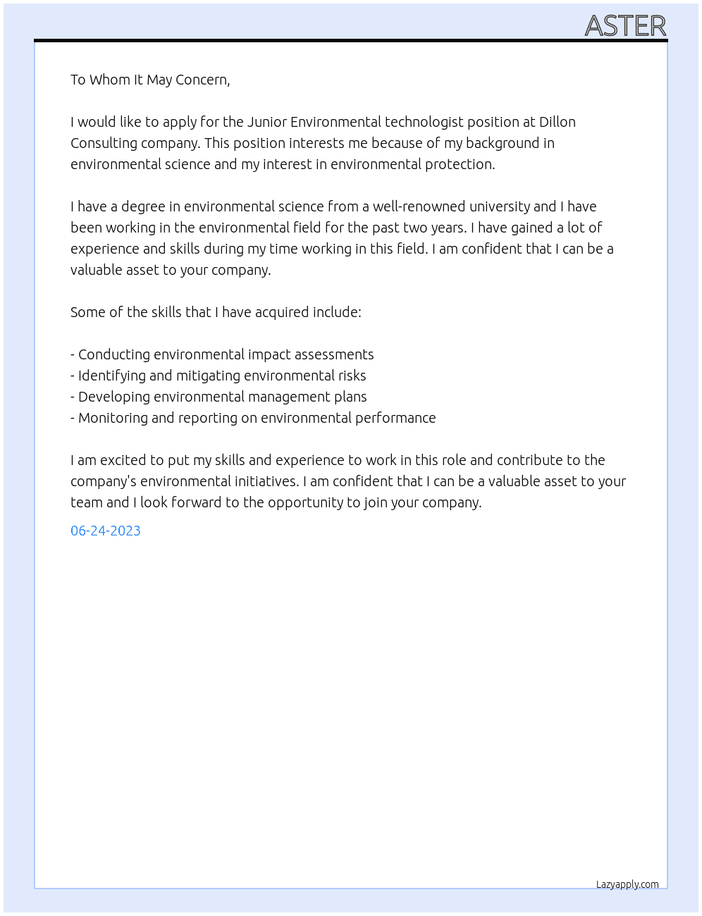 Junior Environmental technologist At Dillon Consulting company Cover Letter