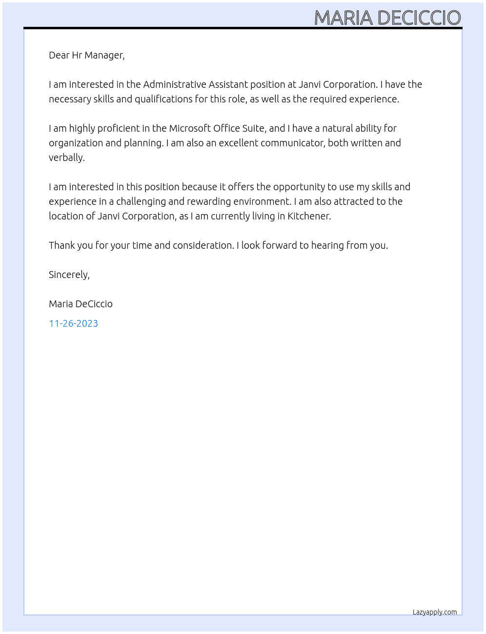 Administrative Assistant  At Janvi Corporation Cover Letter