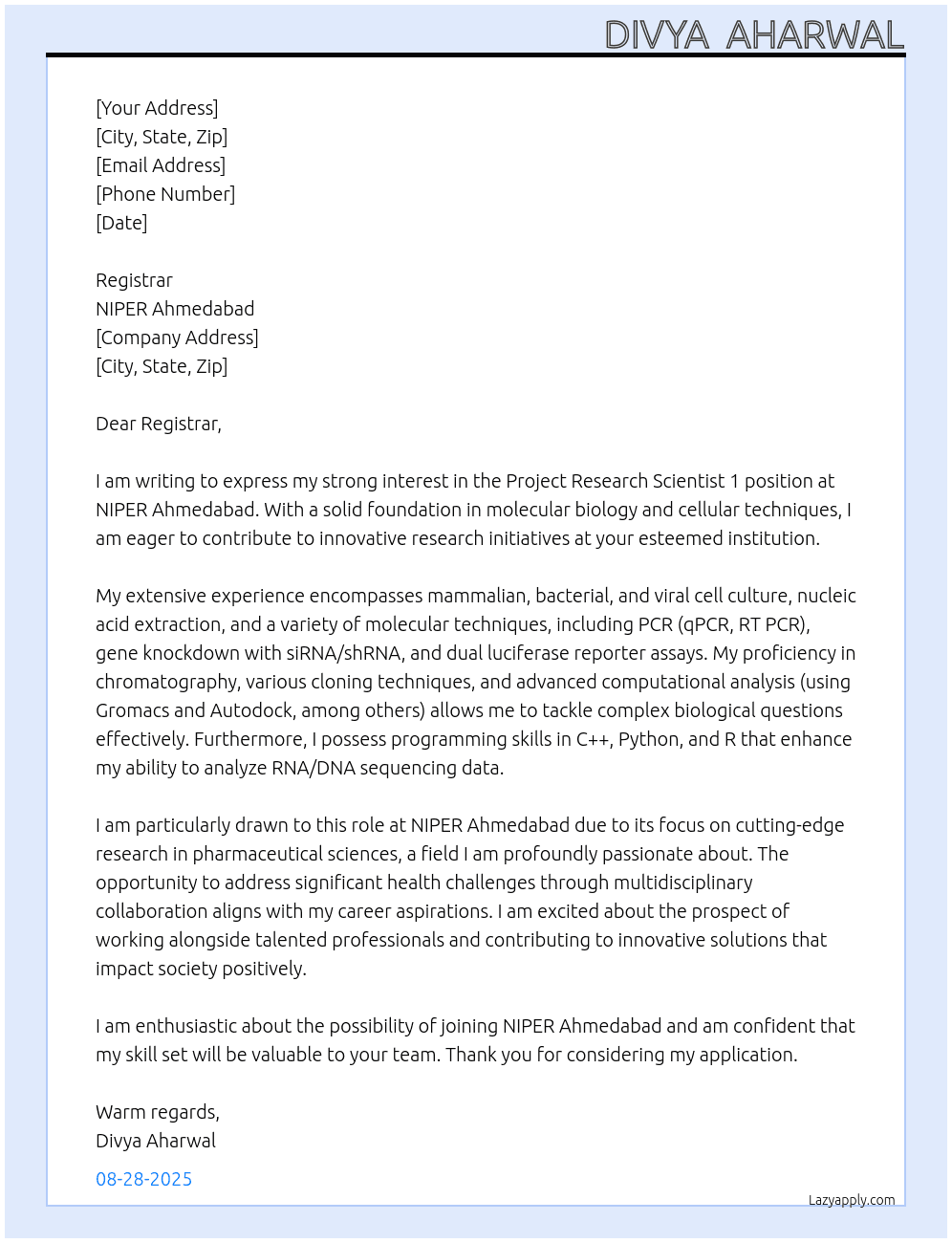 Cover letter for project research scientist 1 - LazyApply