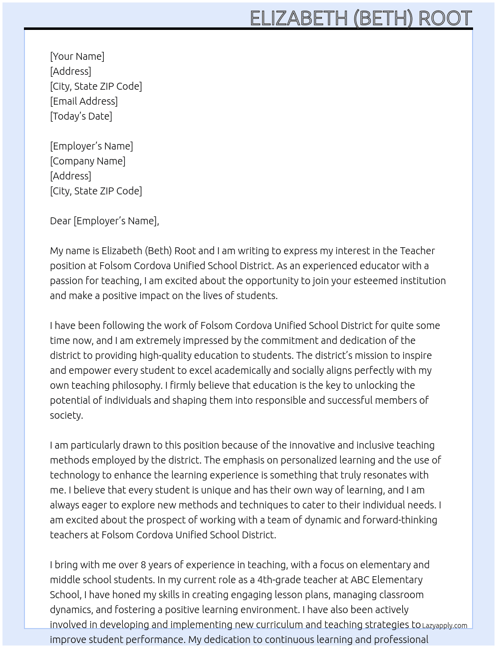 Teacher At Folsom Cordova Unified School District Cover Letter