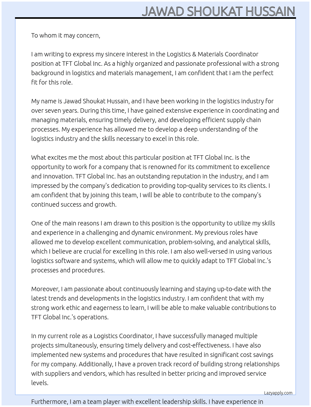 Logistics & Materials Coordinator At TFT Global Inc. Cover Letter