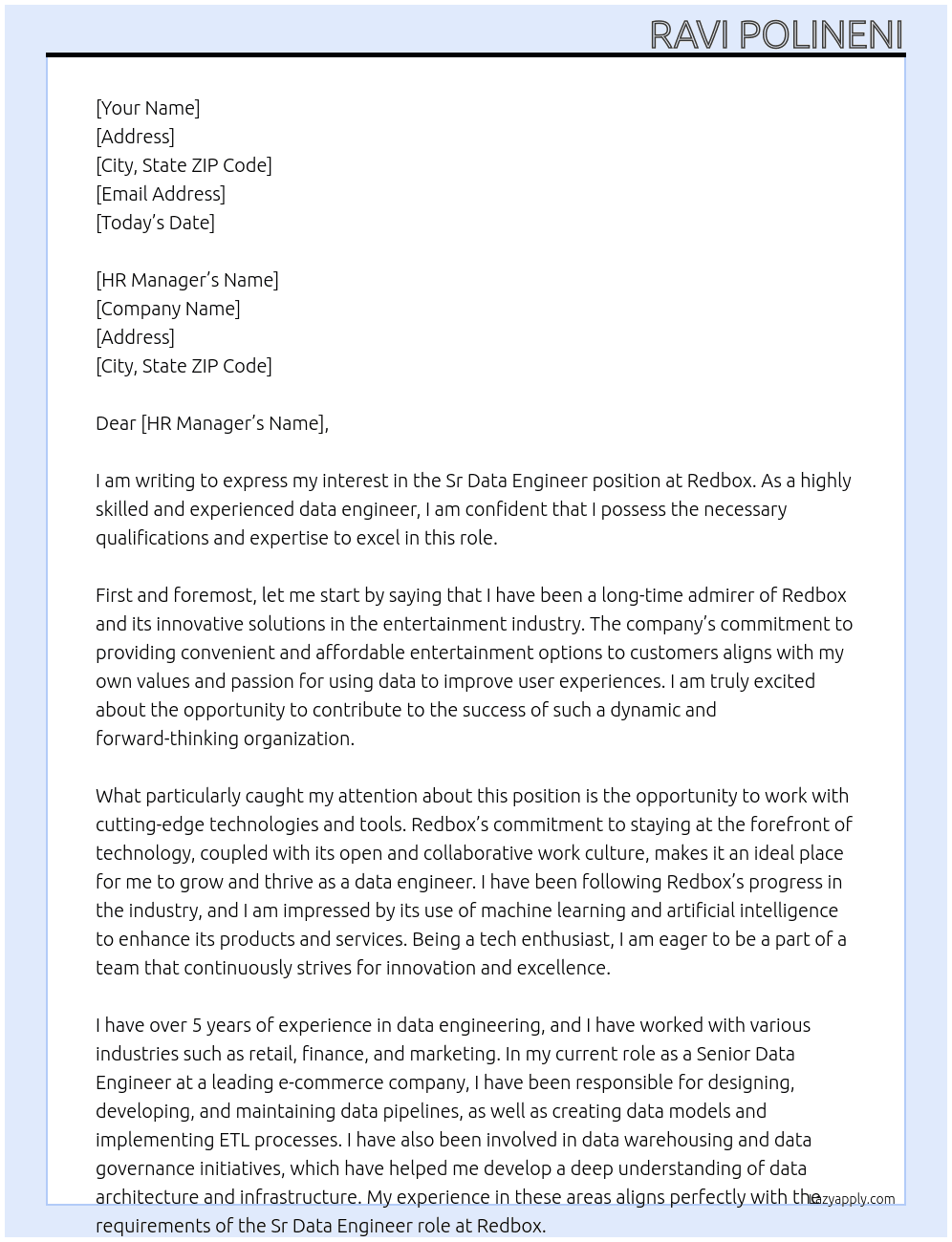 Sr Data Engineer At Redbox Cover Letter