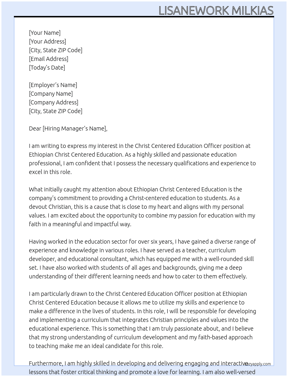 Christ Centered Education Officer At Ethiopian Christ Centered Education Cover Letter