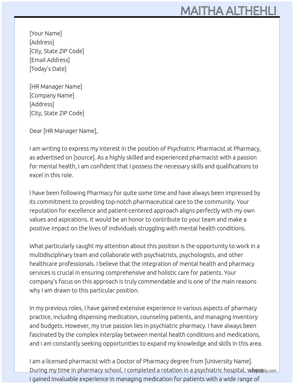 Psychiatric pharmacist  At Pharmacy  Cover Letter