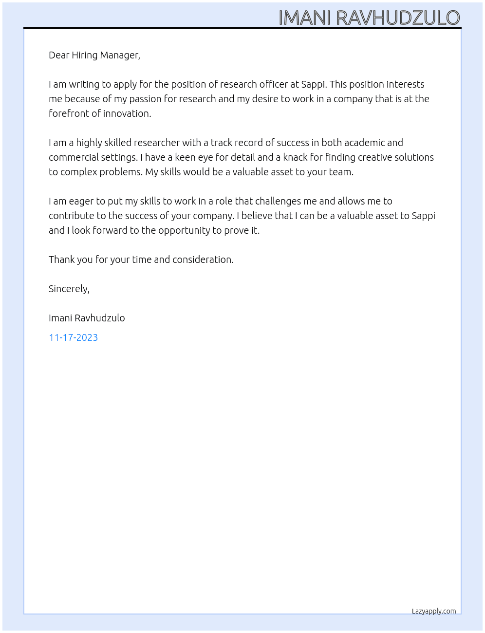 research officer At Sappi Cover Letter