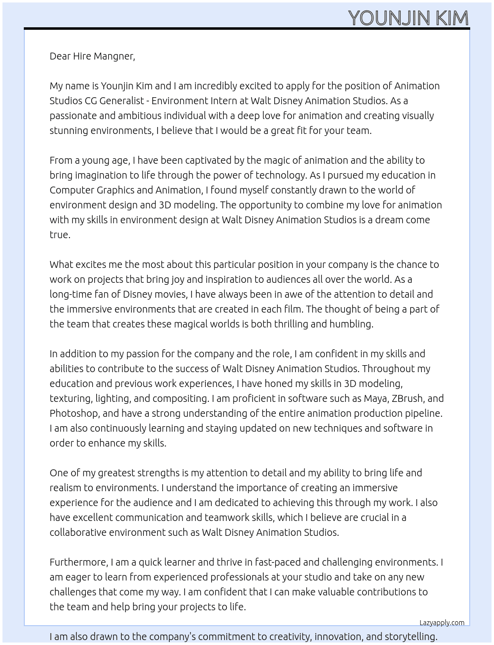 Animation Studios CG Generalist - Environment Intern At Walt Disney Animation Studios Cover Letter