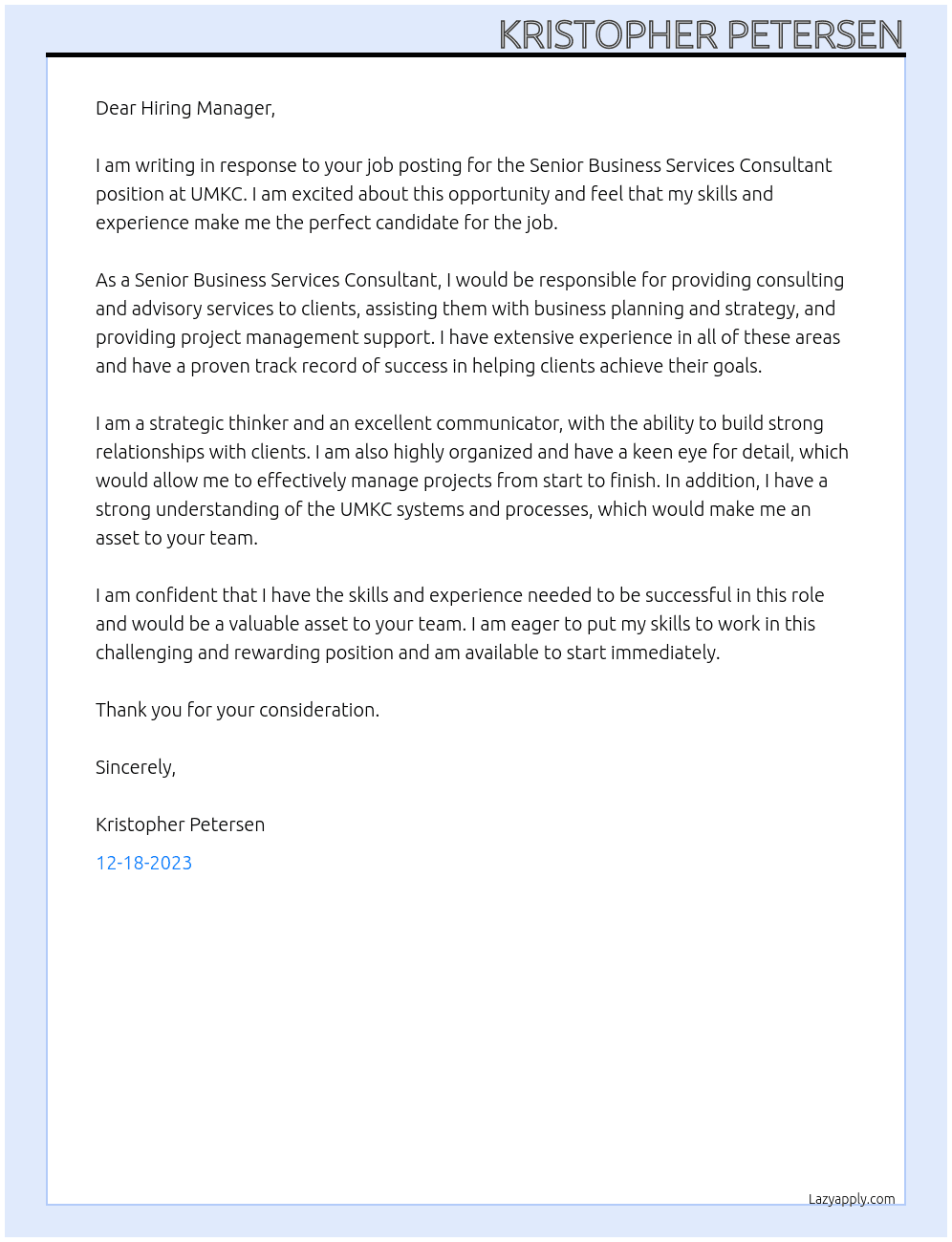 Sr. Business Services Consultant At UMKC Cover Letter